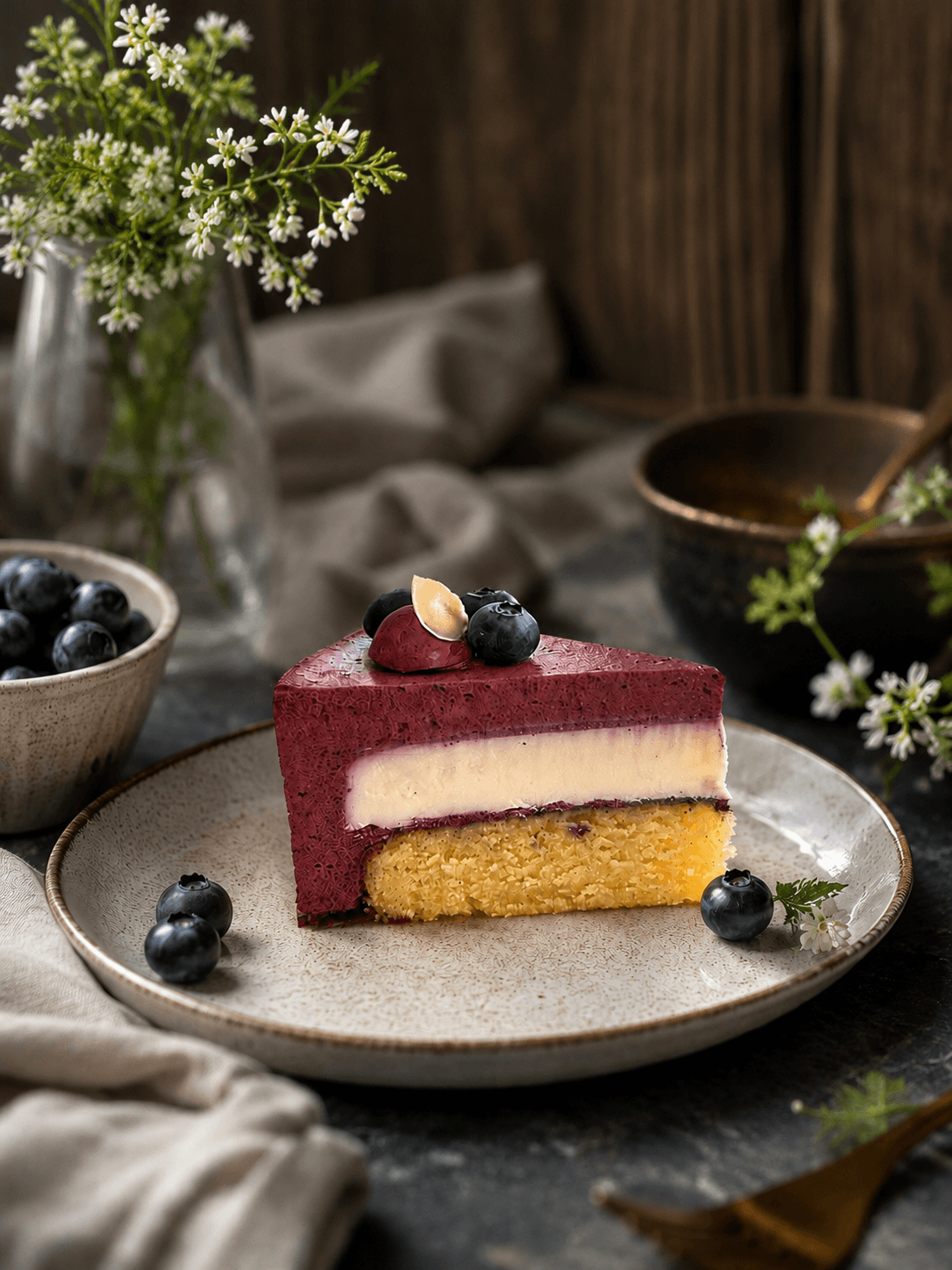 Tårtor för alla tillfällen Ljuvlig blåbärsmousse med vaniljpannacotta och mazarinbotten